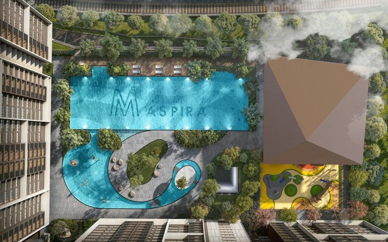 Aerial view of the M Aspira facilities podium pool and playground — artist's impression