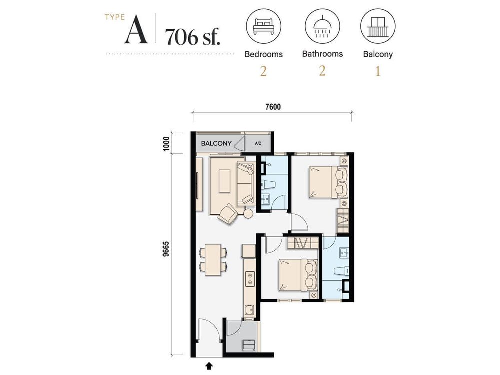 M Aspira Type A — 706 sq ft 2-bedroom floor plan, Taman Desa
