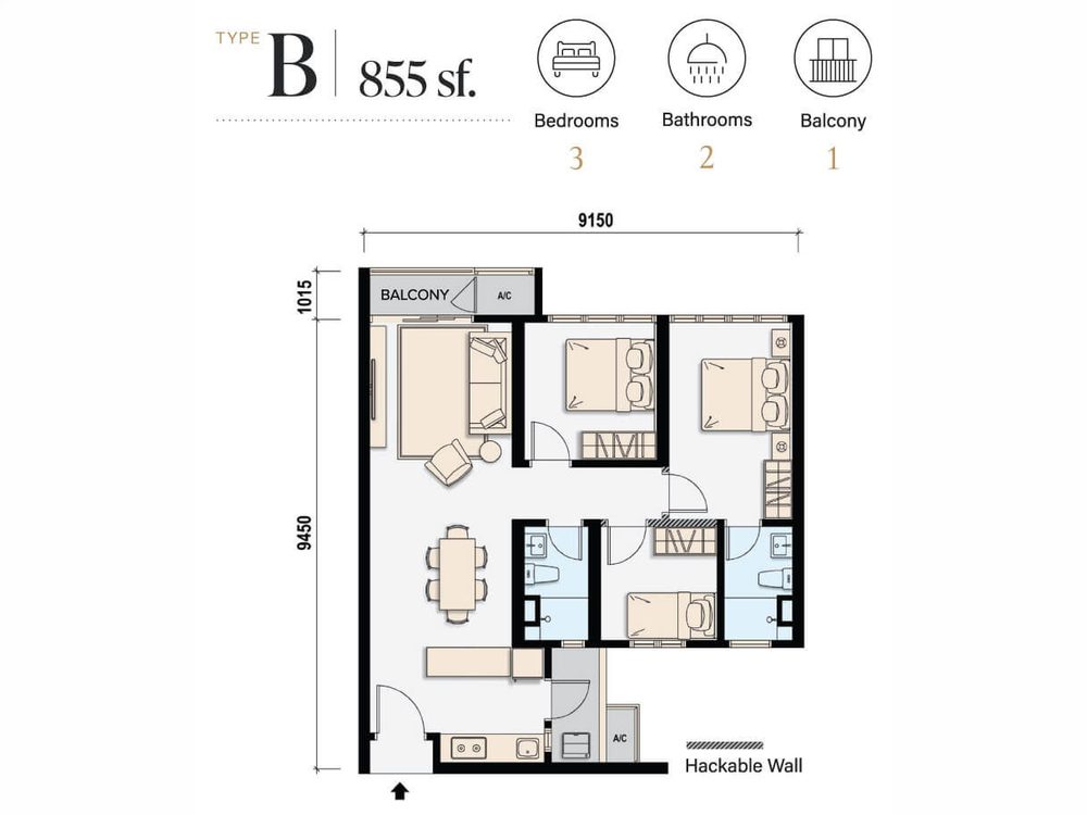M Aspira Type B — 855 sq ft 3-bedroom floor plan, Taman Desa