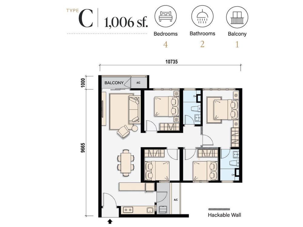 M Aspira Type C — 1,006 sq ft 4-bedroom floor plan, Taman Desa