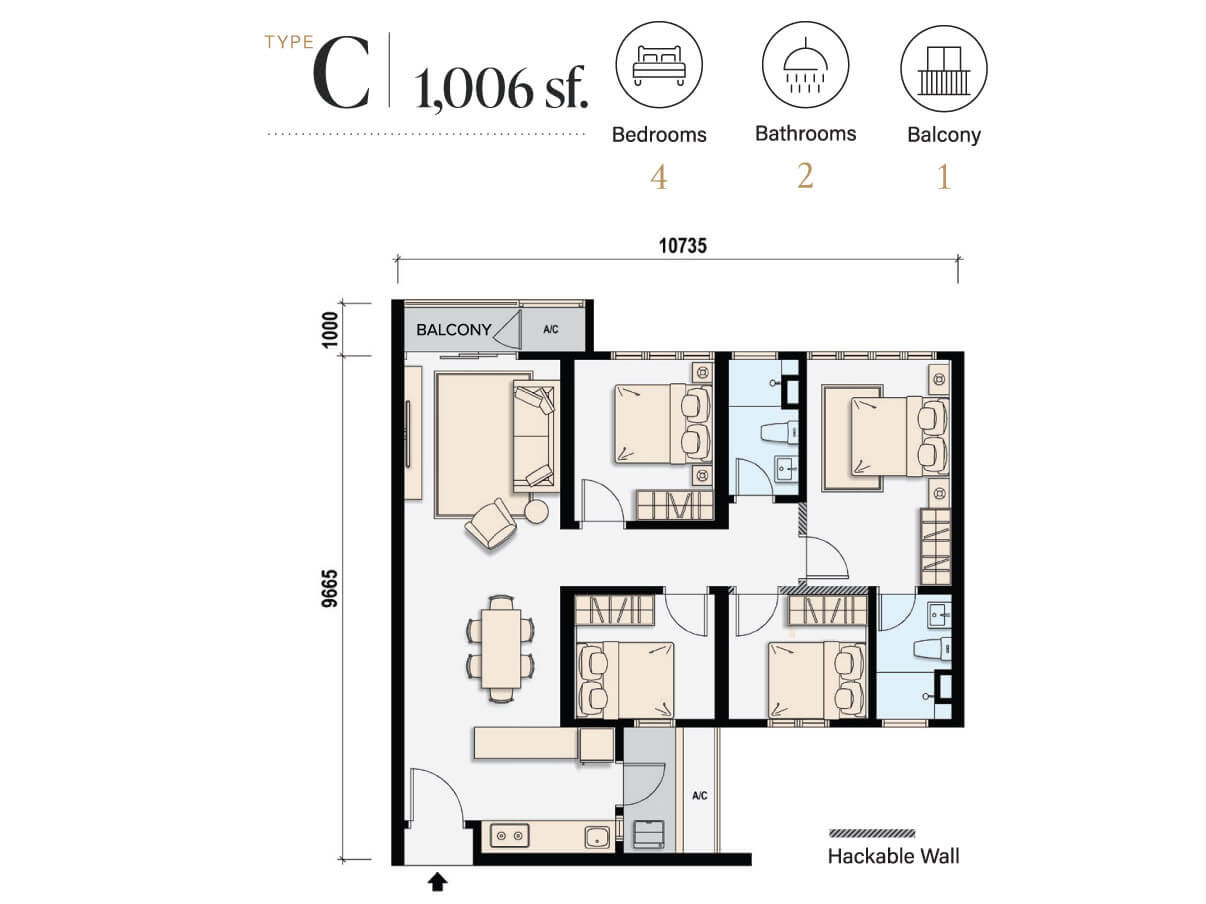 M Aspira Type C 1006sf 4-Bedroom Floor Plan Taman Desa