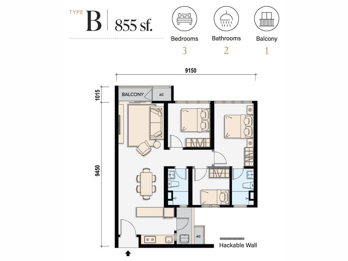 M Aspira Type B 855sf 3-Bedroom Floor Plan Taman Desa